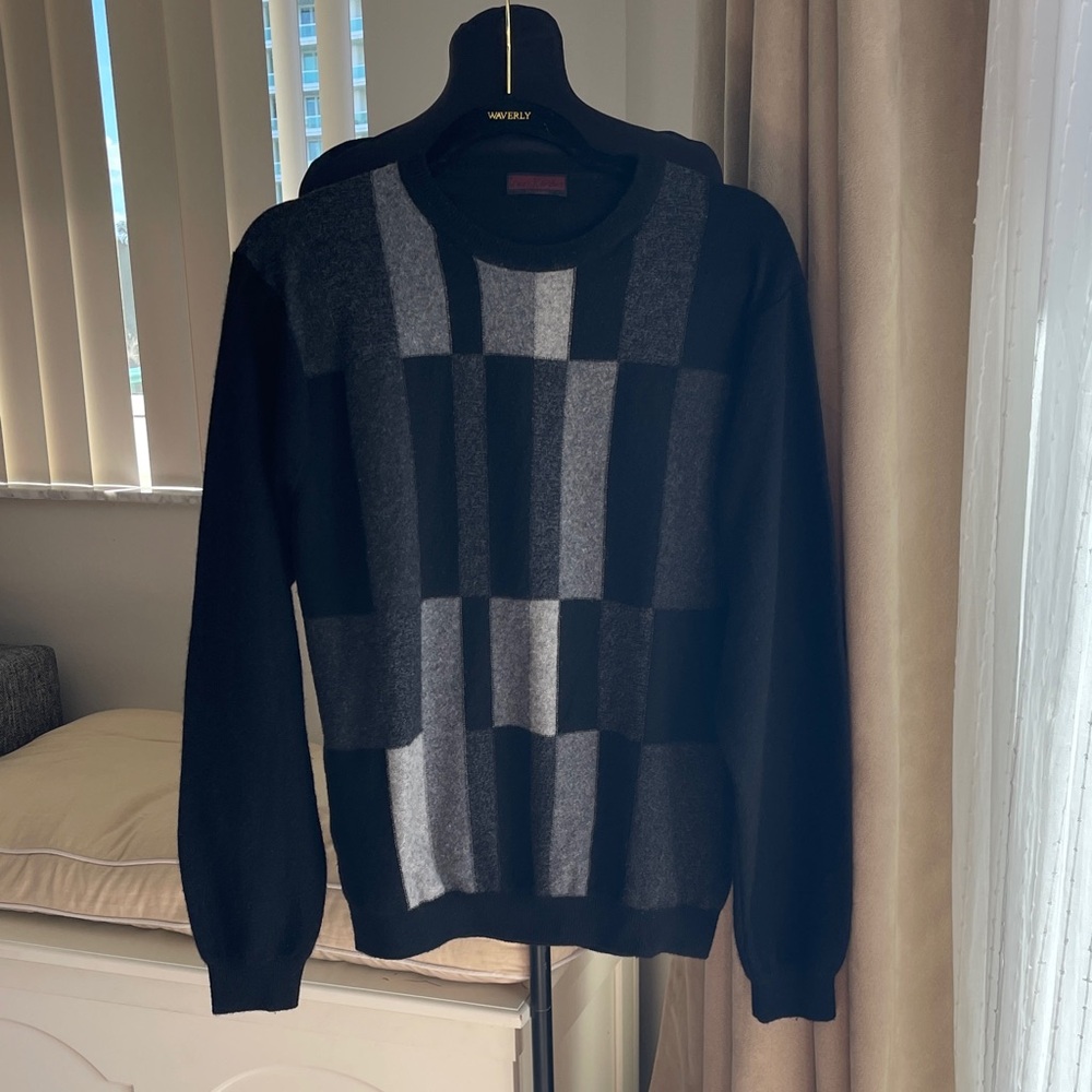 Lenor Romano cashmere Black and Gray Checkered Crewneck Sweater M